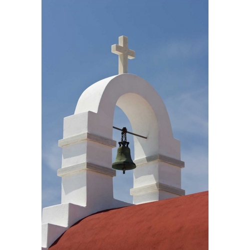 Greece, Mykonos, Hora White bell tower of church